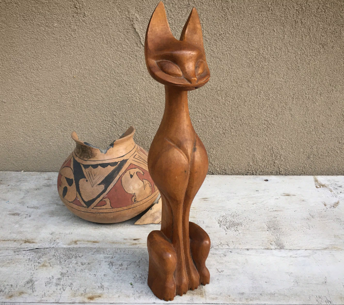 vintage wooden cat statue